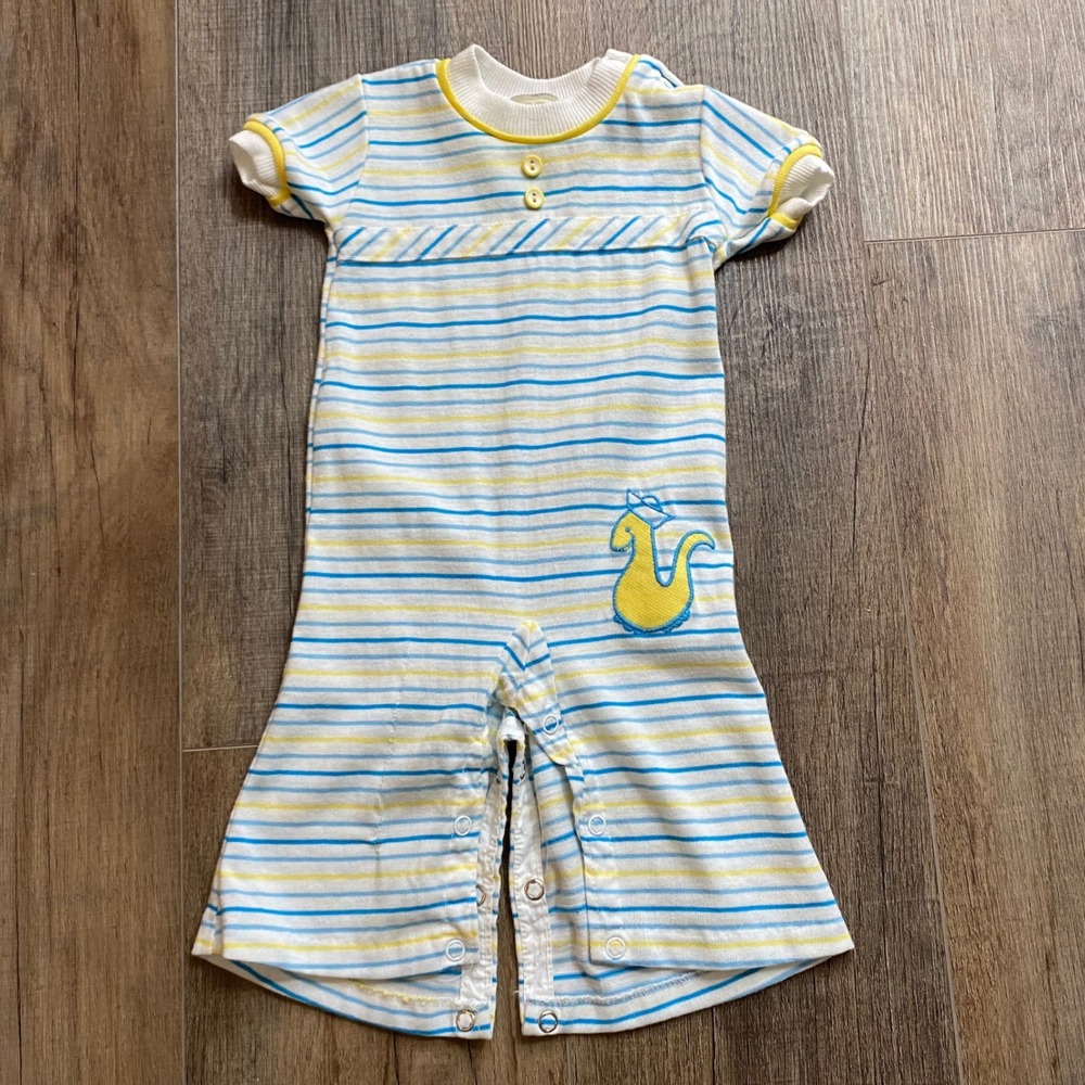 Vintage Striped Duck Embroidered Knit Romper Blue Yellow White Size 6-9M